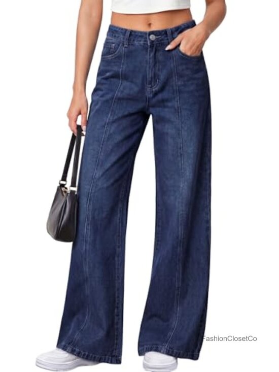 Denim - Wide Leg Denim Jeans Stretchy High Waist Palazzo Trousers